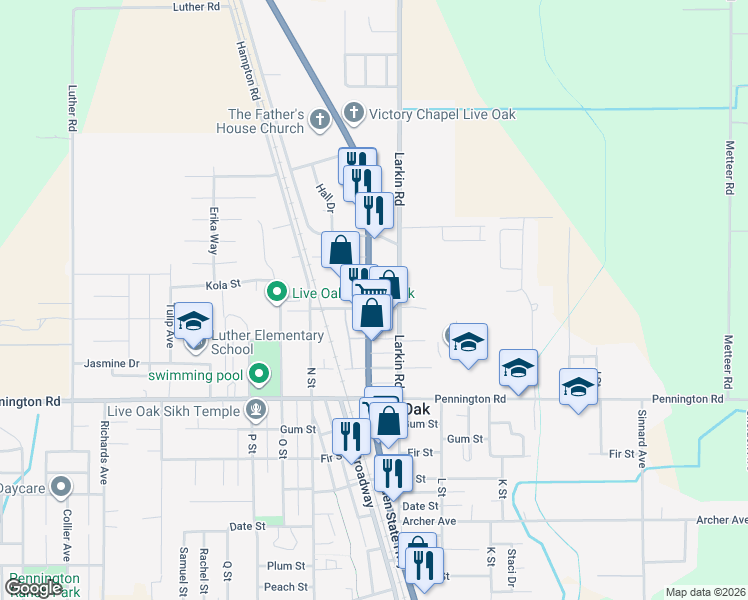 map of restaurants, bars, coffee shops, grocery stores, and more near 10231 Live Oak Boulevard in Live Oak