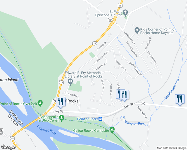 map of restaurants, bars, coffee shops, grocery stores, and more near 1719 Brookshire Run in Point of Rocks