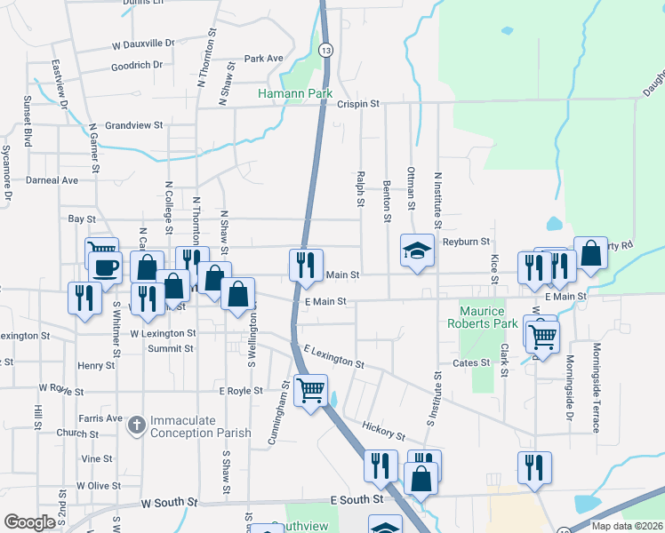 map of restaurants, bars, coffee shops, grocery stores, and more near 405 East North Main Street in Richmond