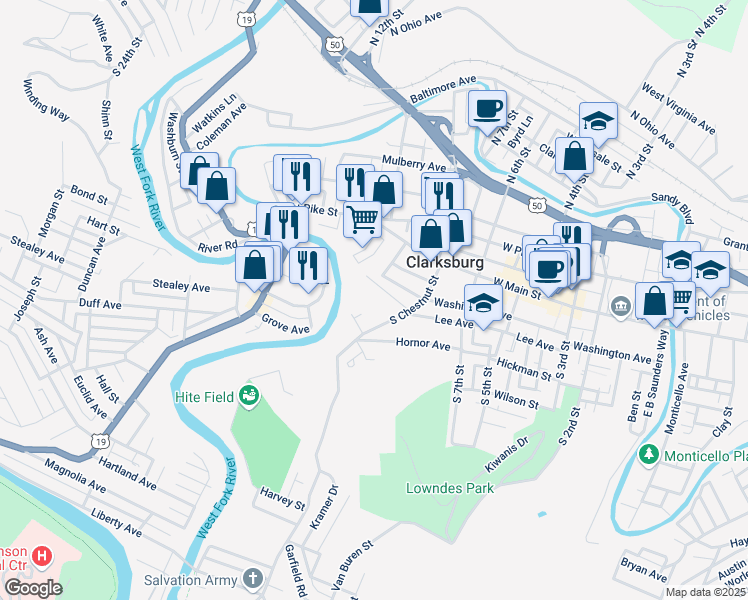 map of restaurants, bars, coffee shops, grocery stores, and more near 414 South Chestnut Street in Clarksburg