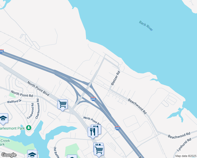 map of restaurants, bars, coffee shops, grocery stores, and more near 130 Briarwood Road in Dundalk