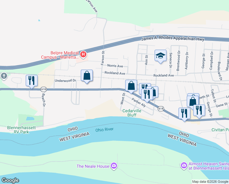 map of restaurants, bars, coffee shops, grocery stores, and more near 2311 1/2 Washington Boulevard in Belpre