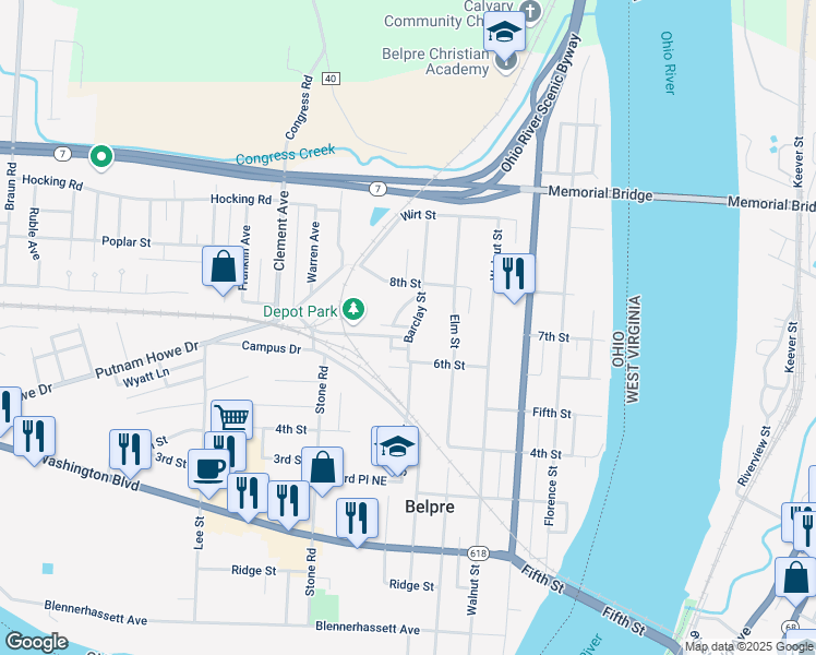 map of restaurants, bars, coffee shops, grocery stores, and more near 19 Barclay Street in Belpre