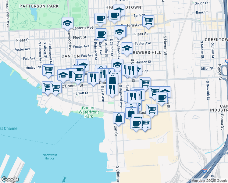 map of restaurants, bars, coffee shops, grocery stores, and more near S Clinton St & Elliott St in Baltimore
