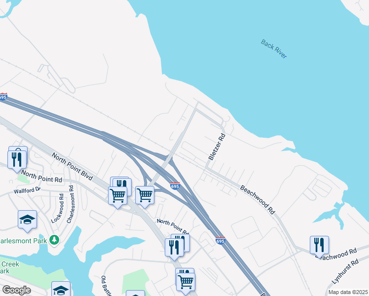 map of restaurants, bars, coffee shops, grocery stores, and more near 130 Briarwood Road in Dundalk