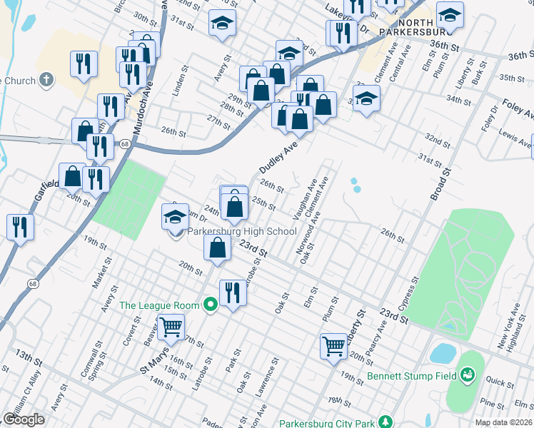 map of restaurants, bars, coffee shops, grocery stores, and more near 2402 Lynn Street in Parkersburg