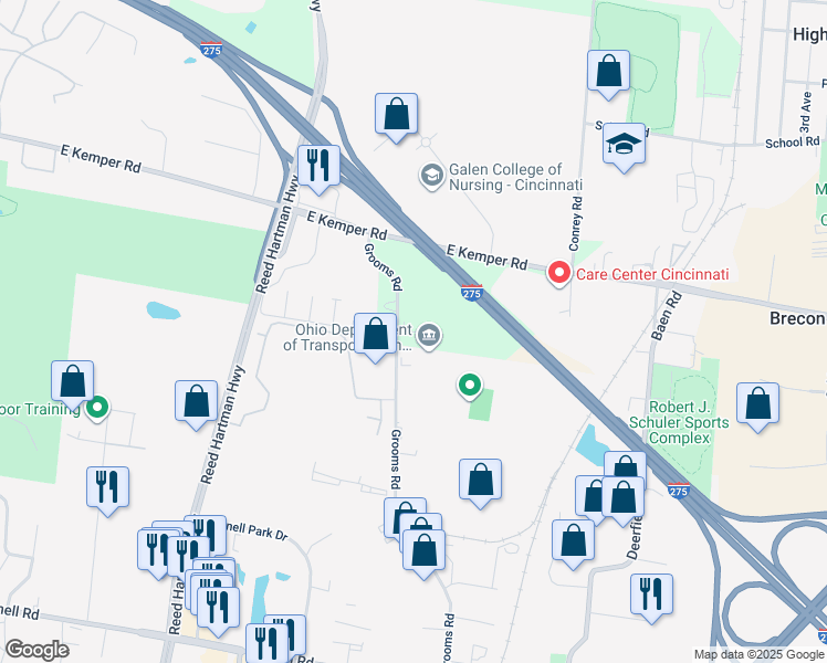 map of restaurants, bars, coffee shops, grocery stores, and more near 11564 Grooms Road in Blue Ash