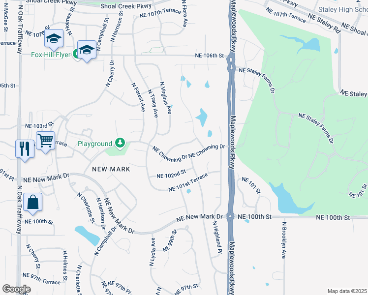 map of restaurants, bars, coffee shops, grocery stores, and more near 1600 Northeast Chowning Drive in Kansas City