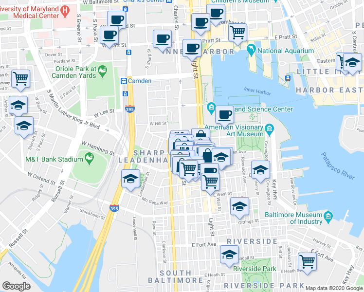 map of restaurants, bars, coffee shops, grocery stores, and more near S Charles St & W Churchill St in Baltimore