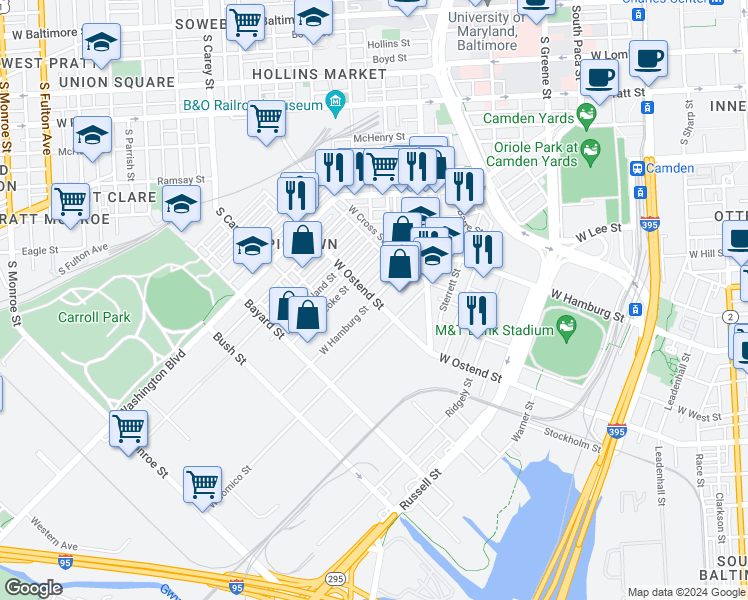 map of restaurants, bars, coffee shops, grocery stores, and more near W Ostend St & W Hamburg St in Baltimore