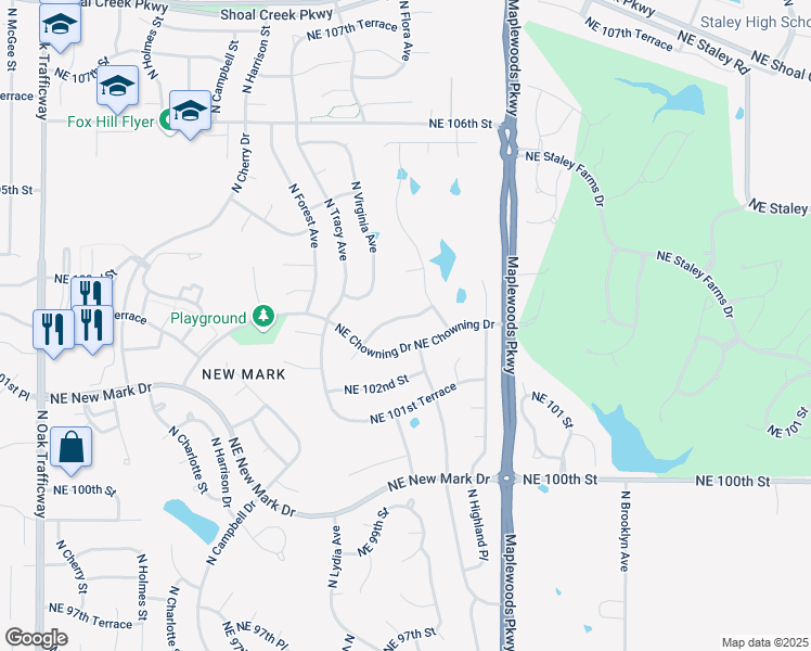 map of restaurants, bars, coffee shops, grocery stores, and more near 1600 Northeast Chowning Drive in Kansas City