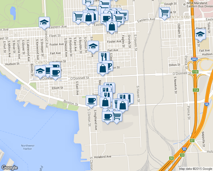 map of restaurants, bars, coffee shops, grocery stores, and more near S Conkling St & Elliott St in Baltimore