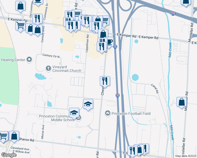 map of restaurants, bars, coffee shops, grocery stores, and more near 11355 Chester Road in Cincinnati