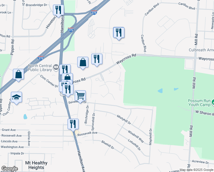 map of restaurants, bars, coffee shops, grocery stores, and more near 11051 Quailridge Court in Cincinnati
