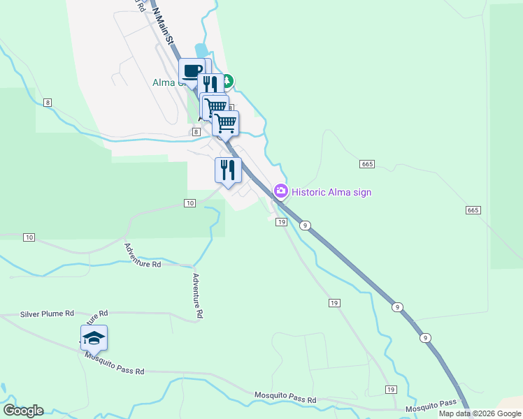 map of restaurants, bars, coffee shops, grocery stores, and more near 260 Chisholm Way in Fairplay