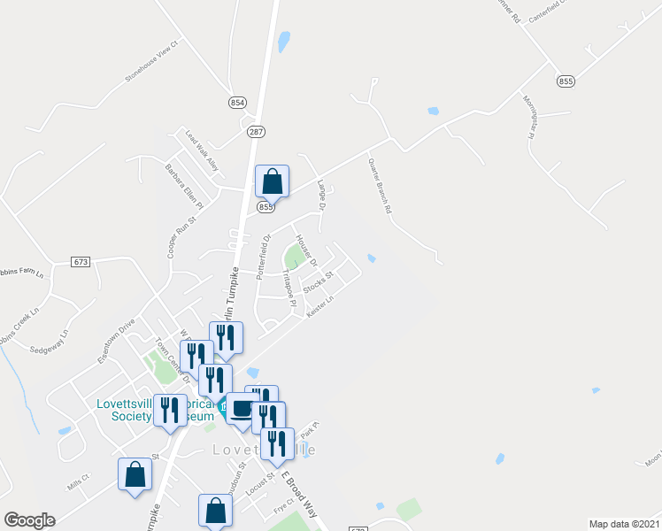 map of restaurants, bars, coffee shops, grocery stores, and more near 35 Stocks Street in Lovettsville