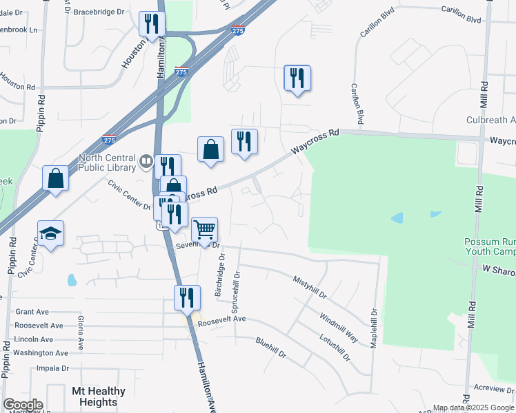 map of restaurants, bars, coffee shops, grocery stores, and more near 11051 Quailridge Court in Cincinnati