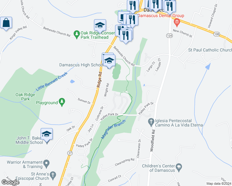 map of restaurants, bars, coffee shops, grocery stores, and more near 10131 Shelldrake Circle in Damascus
