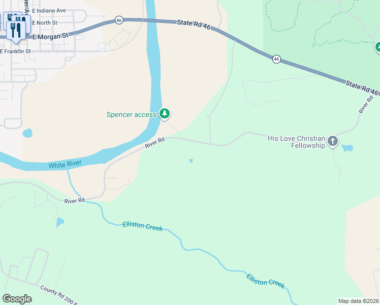 map of restaurants, bars, coffee shops, grocery stores, and more near 1458 Old River Road in Spencer