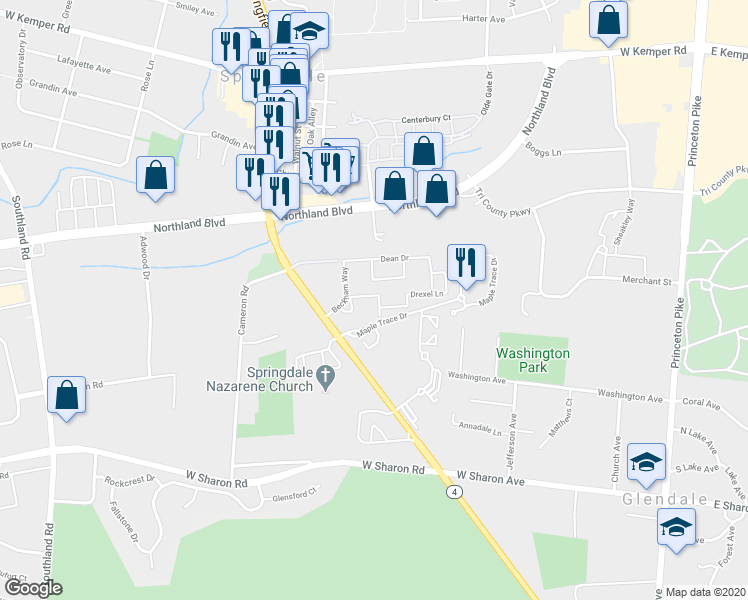 map of restaurants, bars, coffee shops, grocery stores, and more near 2901 Oberlin Court in Springdale