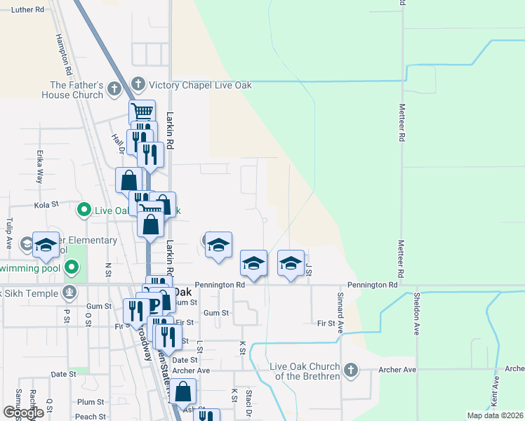 map of restaurants, bars, coffee shops, grocery stores, and more near 10285 Orchard Way in Live Oak