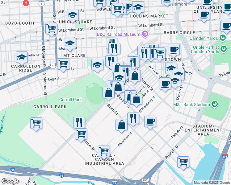 map of restaurants, bars, coffee shops, grocery stores, and more near Washington Blvd & Bayard St in Baltimore