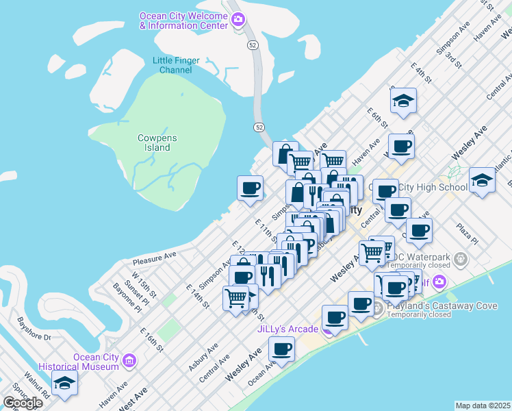 map of restaurants, bars, coffee shops, grocery stores, and more near 7 East 11th Street in Ocean City