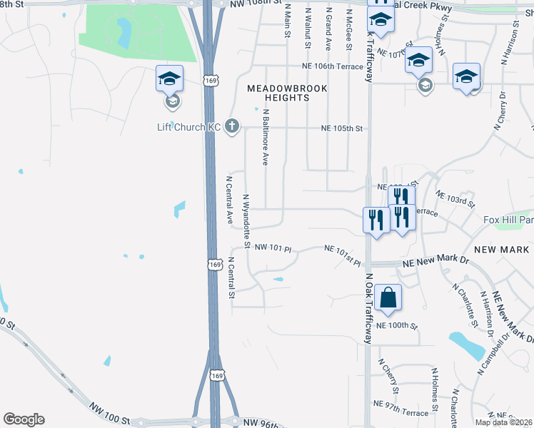 map of restaurants, bars, coffee shops, grocery stores, and more near 23 Northwest 102 Street in Kansas City