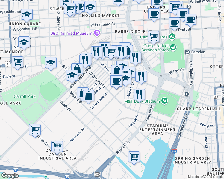 map of restaurants, bars, coffee shops, grocery stores, and more near 1155 West Hamburg Street in Baltimore