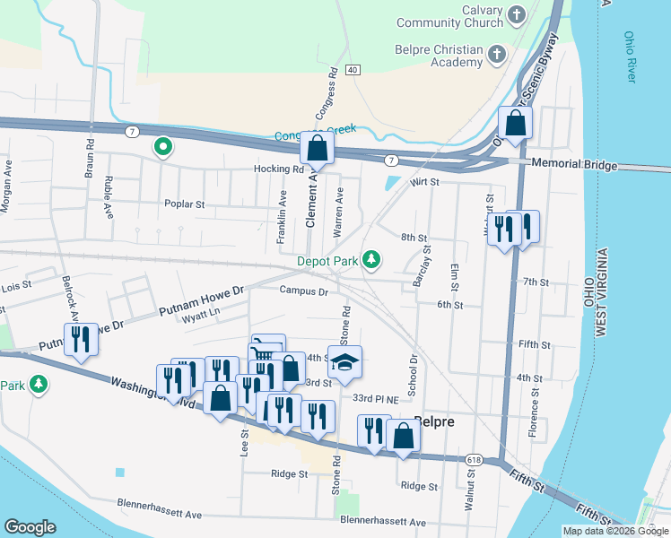 map of restaurants, bars, coffee shops, grocery stores, and more near 706 Depot Street in Belpre