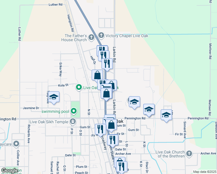 map of restaurants, bars, coffee shops, grocery stores, and more near 10237 Live Oak Boulevard in Live Oak