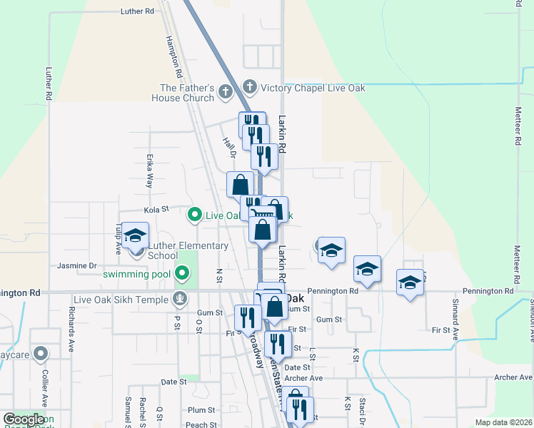 map of restaurants, bars, coffee shops, grocery stores, and more near 10237 Live Oak Boulevard in Live Oak
