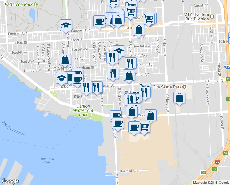 map of restaurants, bars, coffee shops, grocery stores, and more near 1135 South Clinton Street in Baltimore