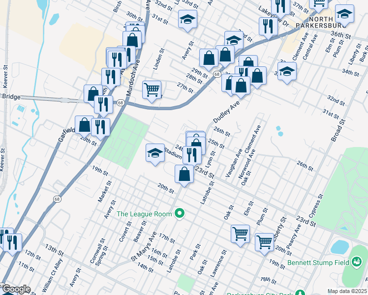 map of restaurants, bars, coffee shops, grocery stores, and more near 1125 Stadium Drive in Parkersburg