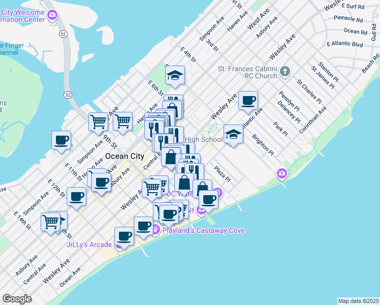 map of restaurants, bars, coffee shops, grocery stores, and more near 701 Ocean Avenue in Ocean City