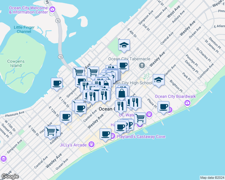 map of restaurants, bars, coffee shops, grocery stores, and more near 801 Central Avenue in Ocean City