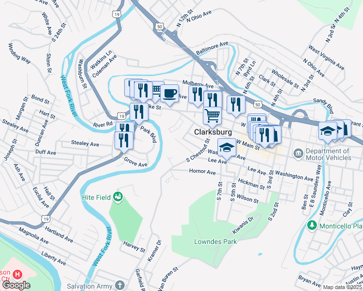 map of restaurants, bars, coffee shops, grocery stores, and more near 414 South Chestnut Street in Clarksburg