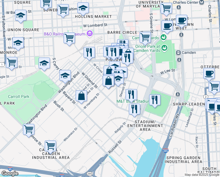 map of restaurants, bars, coffee shops, grocery stores, and more near 1100 Wicomico Street in Baltimore