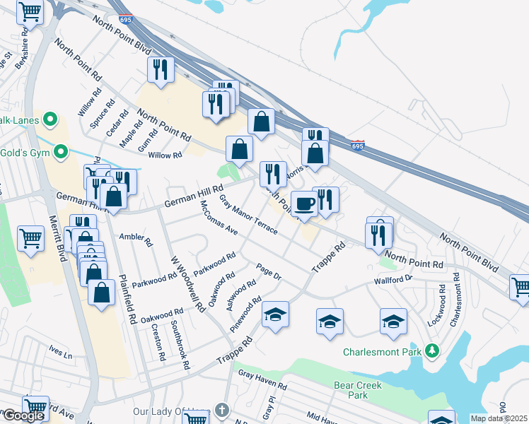 map of restaurants, bars, coffee shops, grocery stores, and more near 6 Parkwood Road in Dundalk