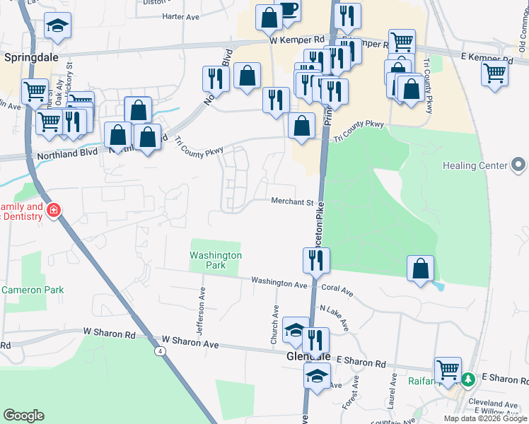 map of restaurants, bars, coffee shops, grocery stores, and more near 79 Merchant Street in Springdale