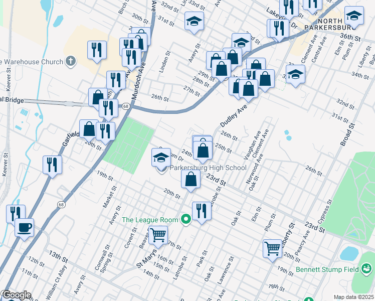 map of restaurants, bars, coffee shops, grocery stores, and more near 1125 Stadium Drive in Parkersburg