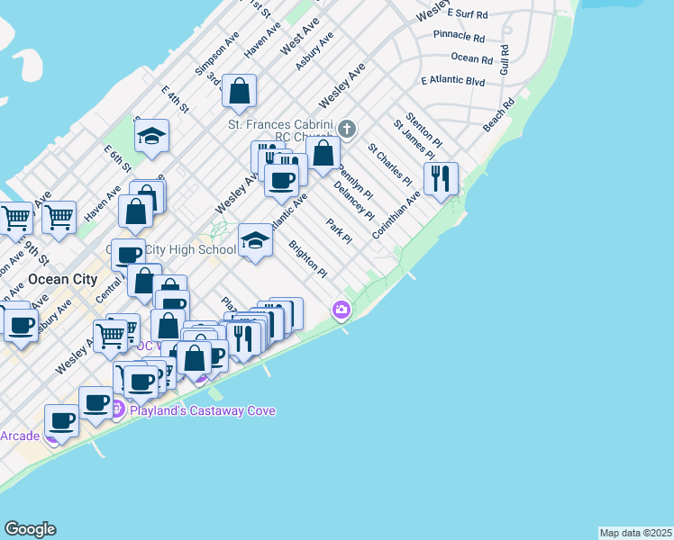 map of restaurants, bars, coffee shops, grocery stores, and more near 406 Corinthian Avenue in Ocean City