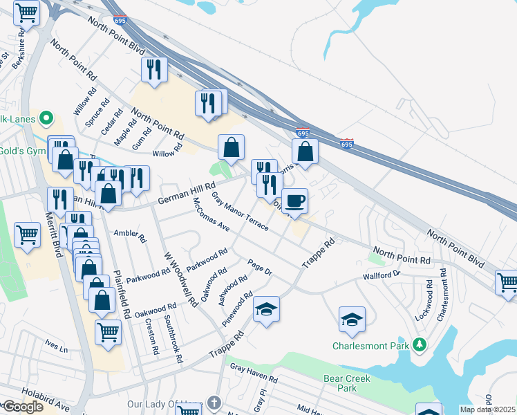 map of restaurants, bars, coffee shops, grocery stores, and more near 6 Parkwood Road in Dundalk