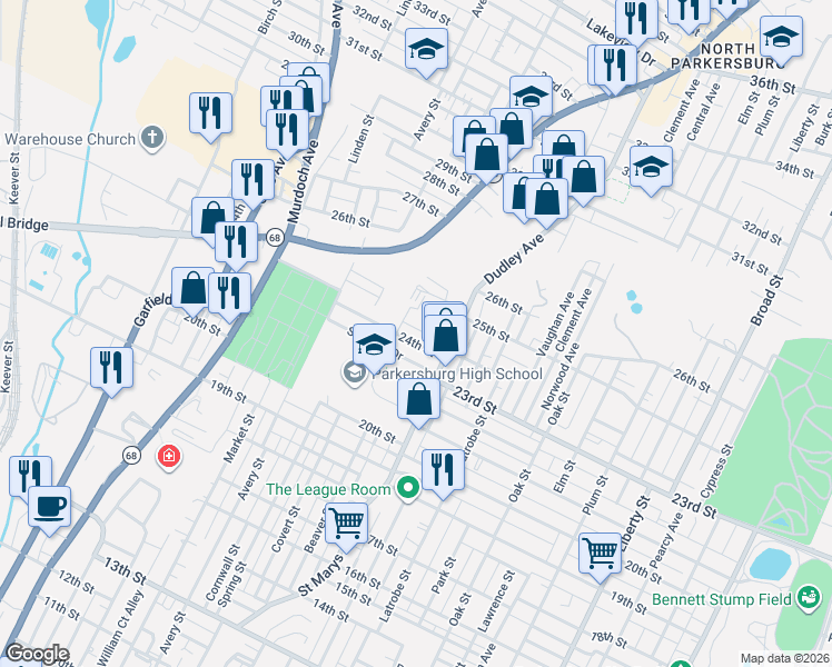 map of restaurants, bars, coffee shops, grocery stores, and more near 2412 Covert Street in Parkersburg