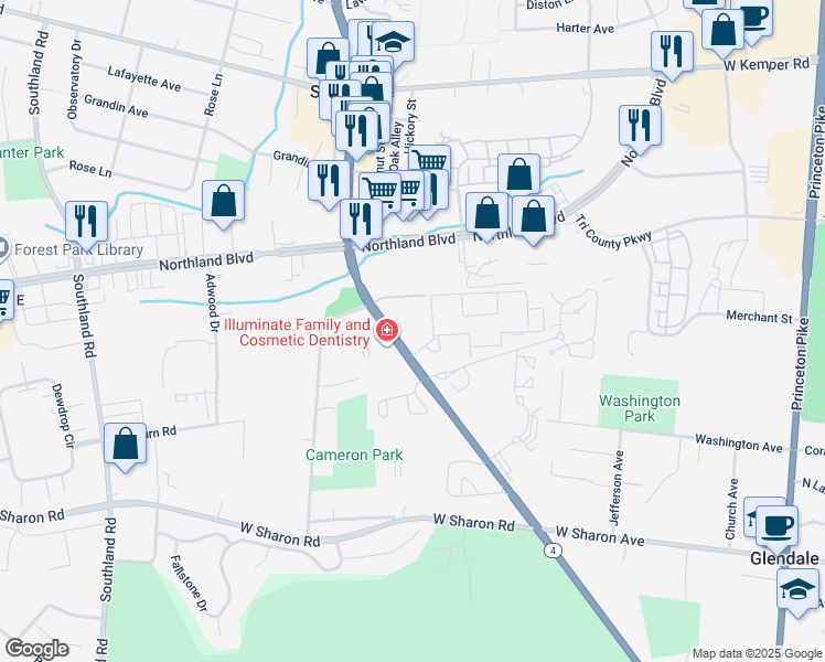 map of restaurants, bars, coffee shops, grocery stores, and more near 11360 Springfield Pike in Cincinnati