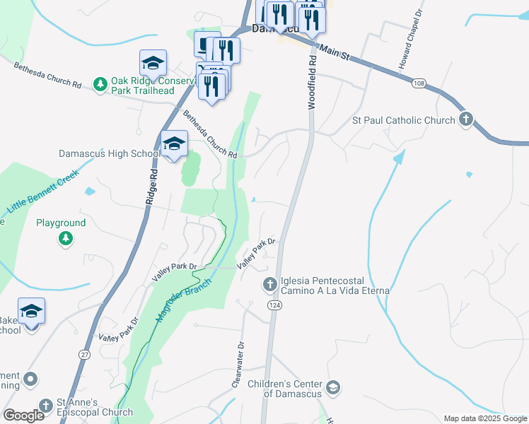 map of restaurants, bars, coffee shops, grocery stores, and more near 25767 Valley Park Terrace in Damascus