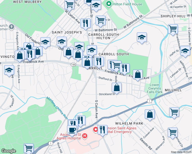 map of restaurants, bars, coffee shops, grocery stores, and more near 4024 Stafford Street in Baltimore