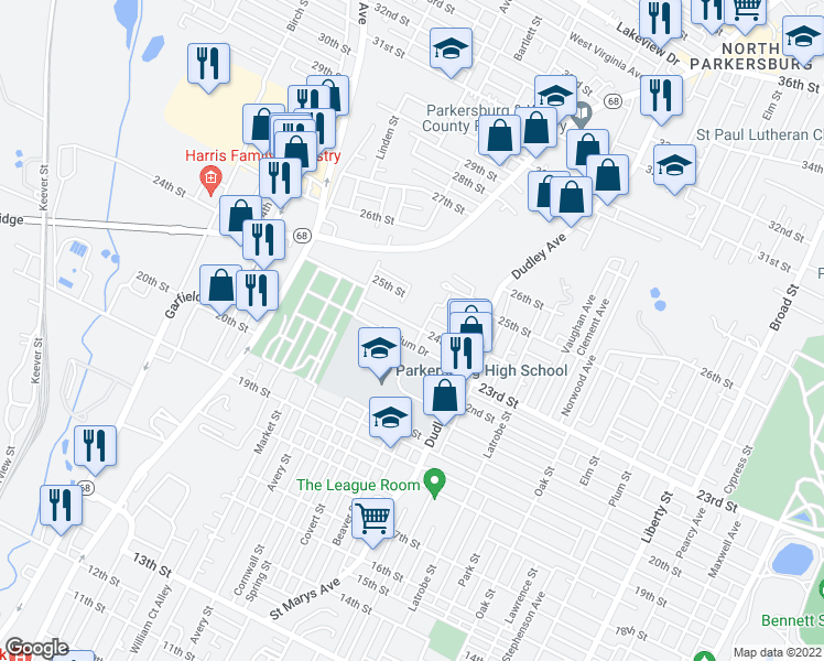 map of restaurants, bars, coffee shops, grocery stores, and more near 1046 24th Street in Parkersburg
