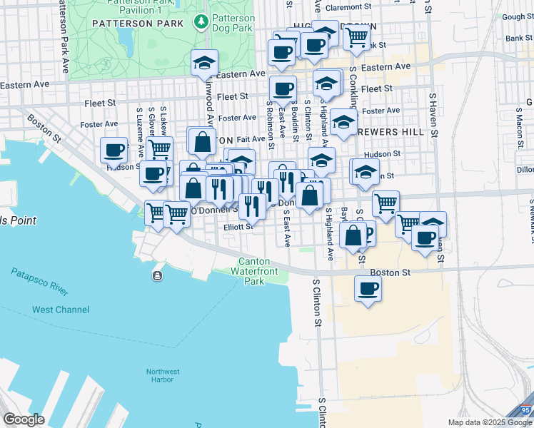 map of restaurants, bars, coffee shops, grocery stores, and more near 1107 South Ellwood Avenue in Baltimore