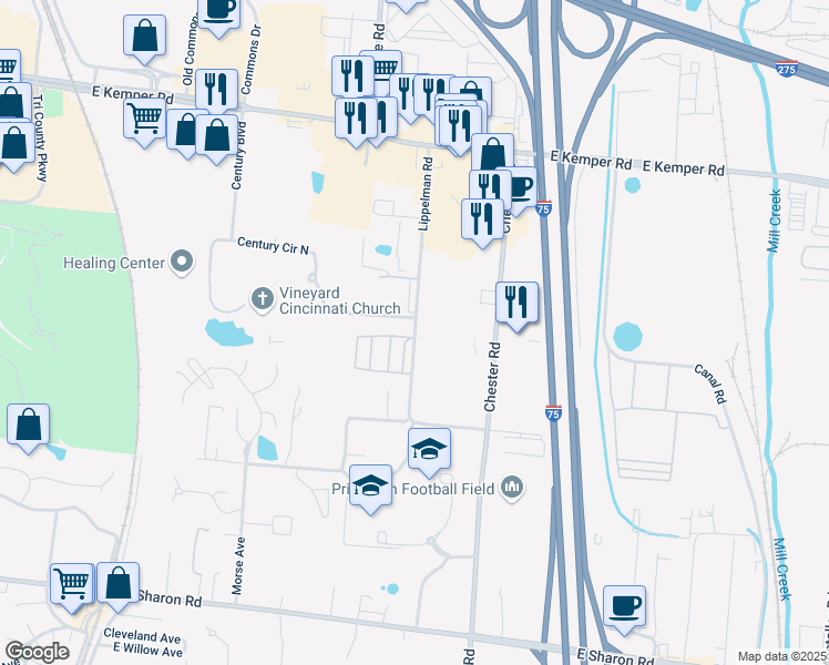 map of restaurants, bars, coffee shops, grocery stores, and more near 11335 Lippelman Road in Cincinnati